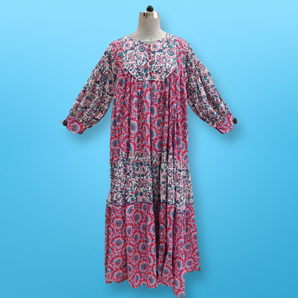 L/XL Emna Printed Cotton Dress 57&quot;Long Sleeves Jalabiya