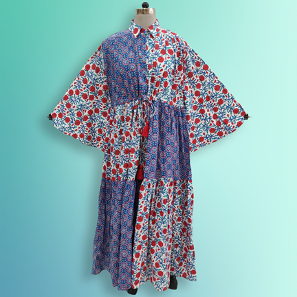 L/XL Fatim Multi Printed Cotton Dress 57&quot; Long Jalabiya