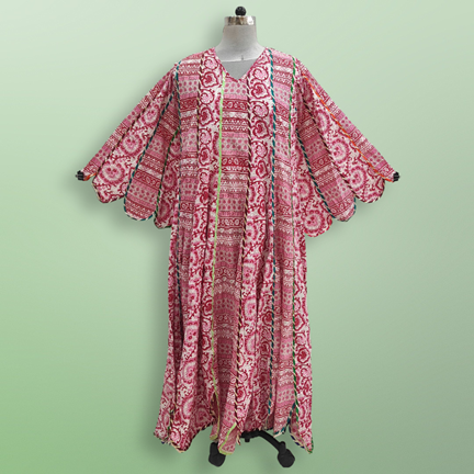 L/XL Meher Red Printed Cotton Dress 57&quot; Long Jalabiya