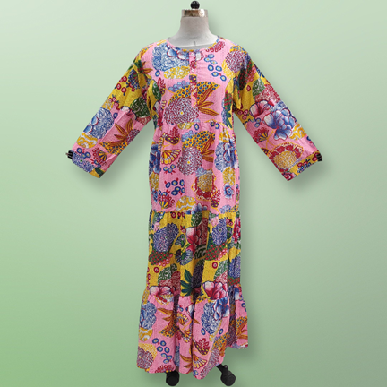 S/M Juhi Printed Cotton Dress 57&quot; Long Jalabiya