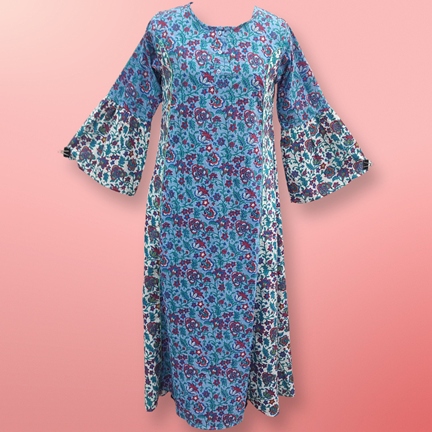 XS/S Marry Blue Printed Cotton Dress 54&quot; Long Jalabiya