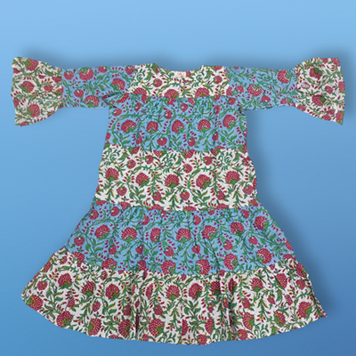 6-7 Year Moon Blue Printed Cotton Girls Dress 38&quot; Long Jalabiya