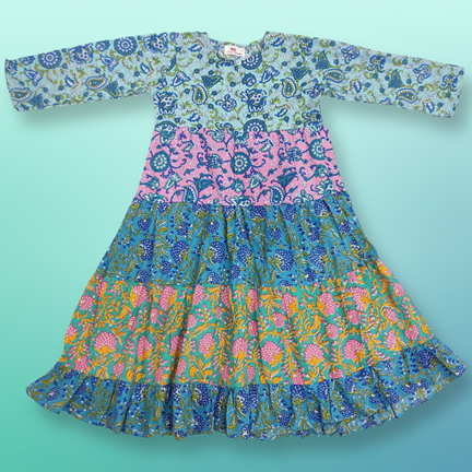 4-5 Year Layla Blue Printed Cotton Girls Dress 35&quot; Long Jalabiya