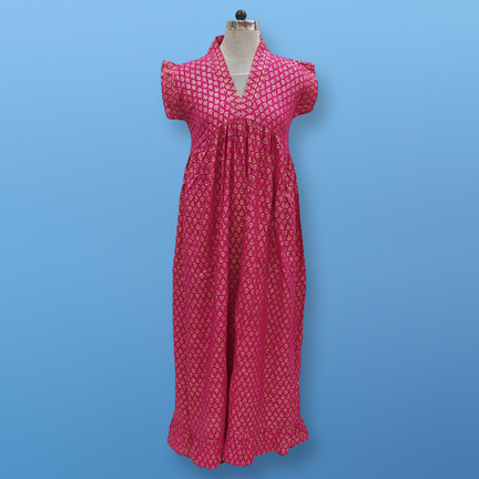S/M Amani Gold Print Cotton Dress 57&quot; Short Sleeves Jalabiya
