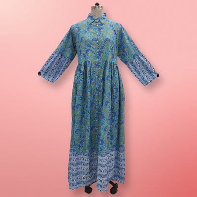 XS/S Blue Ana Printed Cotton Dress 54&quot; Long Jalabiya