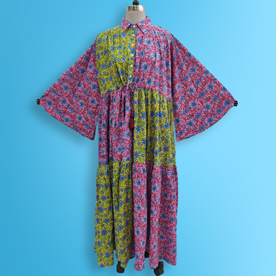 L/XL Fatim Multi Printed Cotton Dress 57&quot; Long Jalabiya