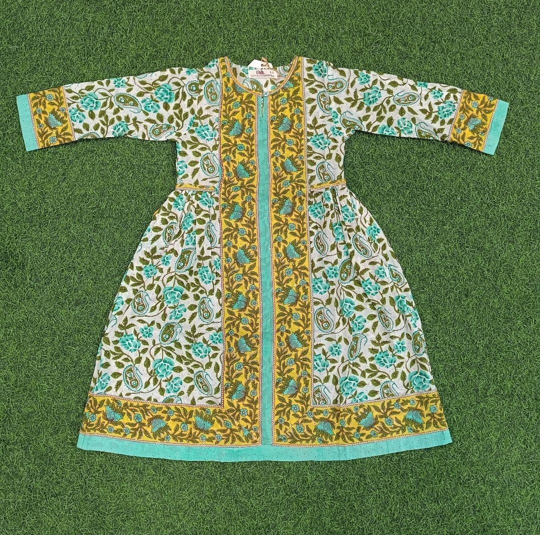 8-9 Year Bhopali Crystal Printed Cotton Girls Dress 42&quot; Long Jalabiya