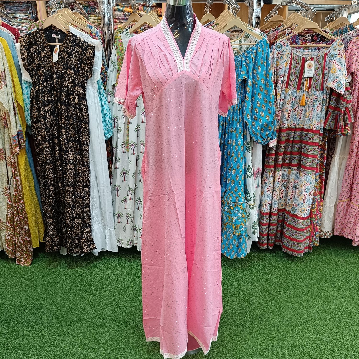 S/M Jasiba Crystal Pink Plain Solid Cotton Dress 57&quot; Long Jalabiya