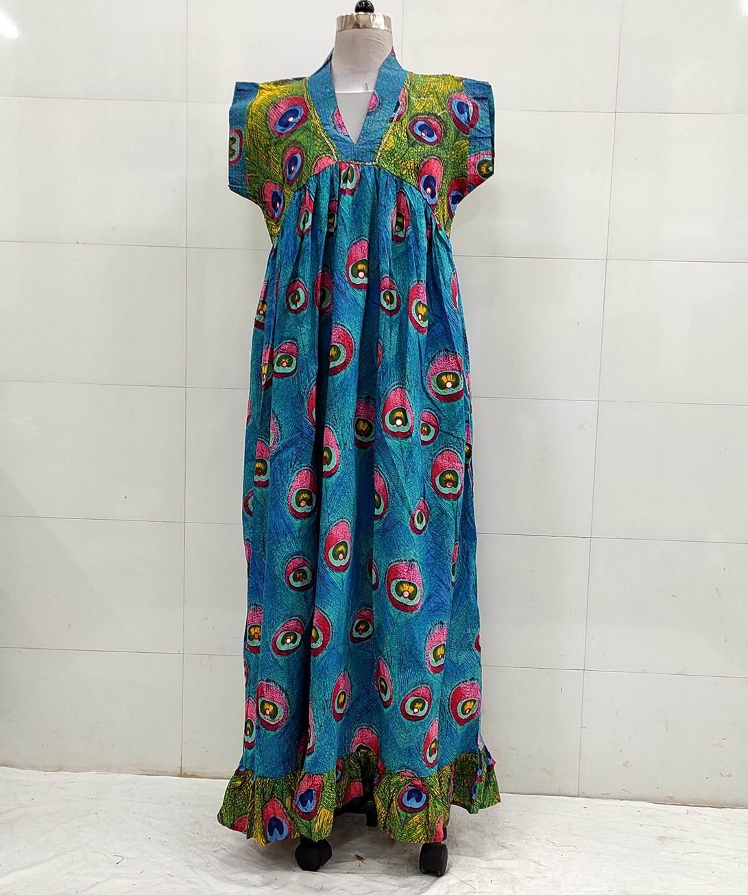 XS/S  Amani Printed Cotton Dress 54&quot; Short Sleeves Jalabiya