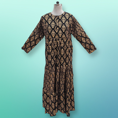 S/M Juhi Golden Printed Rayon Dress 57&quot; Long Jalabiya