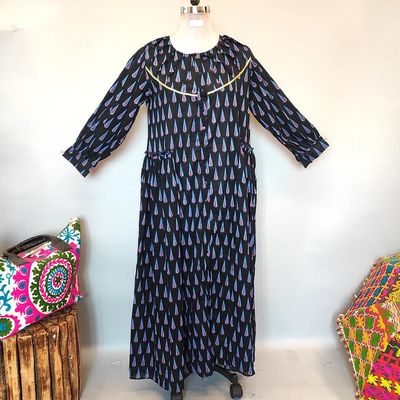 L/XL Umama Black Printed Cotton Dress 56&quot; Long Jalabiya