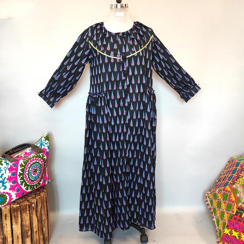 L/XL Umama Black Printed Cotton Dress 56&quot; Long Jalabiya