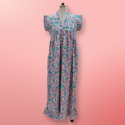 S/M Pink Amani Printed Cotton Dress 57&quot; Short Sleeves Jalabiya