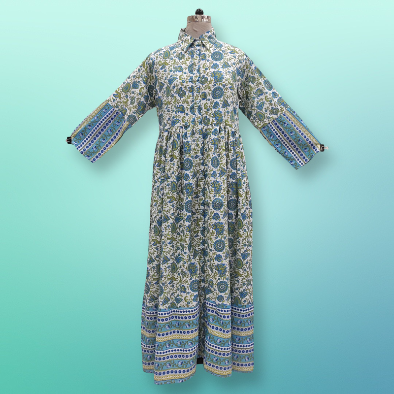 S/M Green Ana Printed Cotton Dress 57&quot; Long Jalabiya