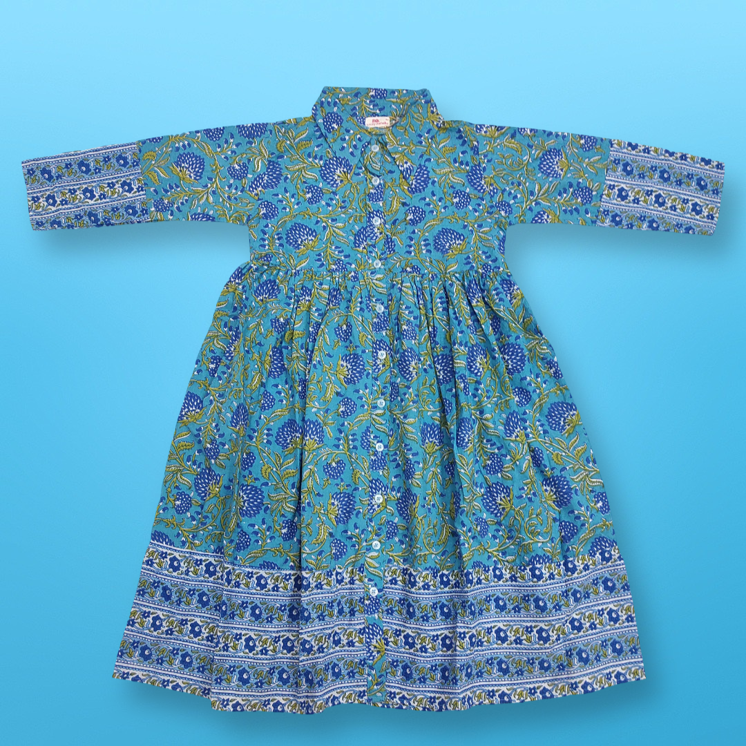 8-9 Year Blue Ana Printed Cotton Dress 42&quot; Long Jalabiya