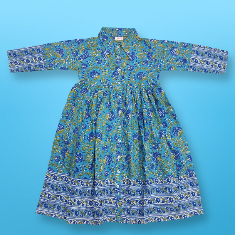 8-9 Year Blue Ana Printed Cotton Dress 42&quot; Long Jalabiya