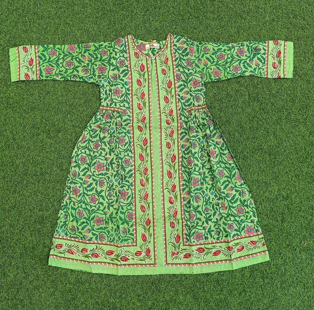 8-9 Year Bhopali Crystal Printed Cotton Girls Dress 42&quot; Long Jalabiya