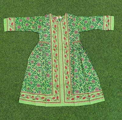 8-9 Year Bhopali Crystal Printed Cotton Girls Dress 42&quot; Long Jalabiya