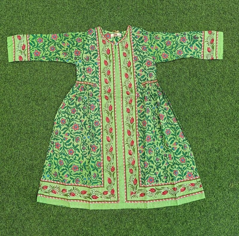 8-9 Year Bhopali Crystal Printed Cotton Girls Dress 42&quot; Long Jalabiya