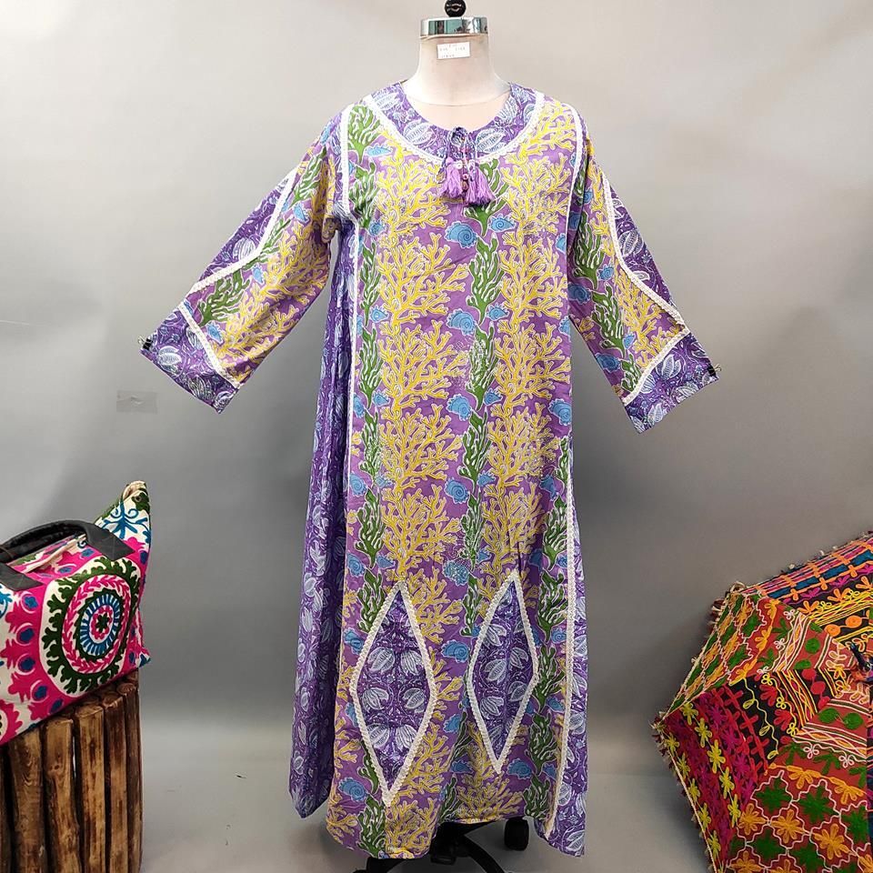 L/XL Atushi Printed Cotton Dress 56&quot; Long Jalabiya