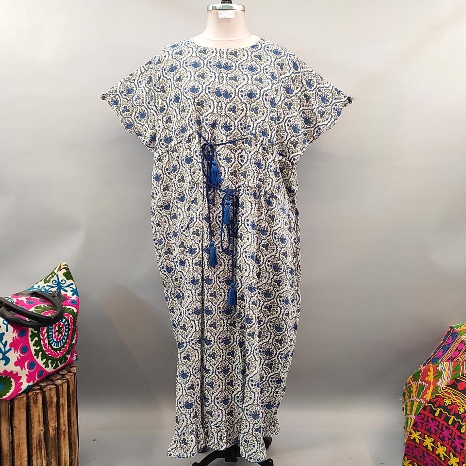 Free Size Farasha Printed Kaftan Cotton Dress 57&quot; Long Jalabiya