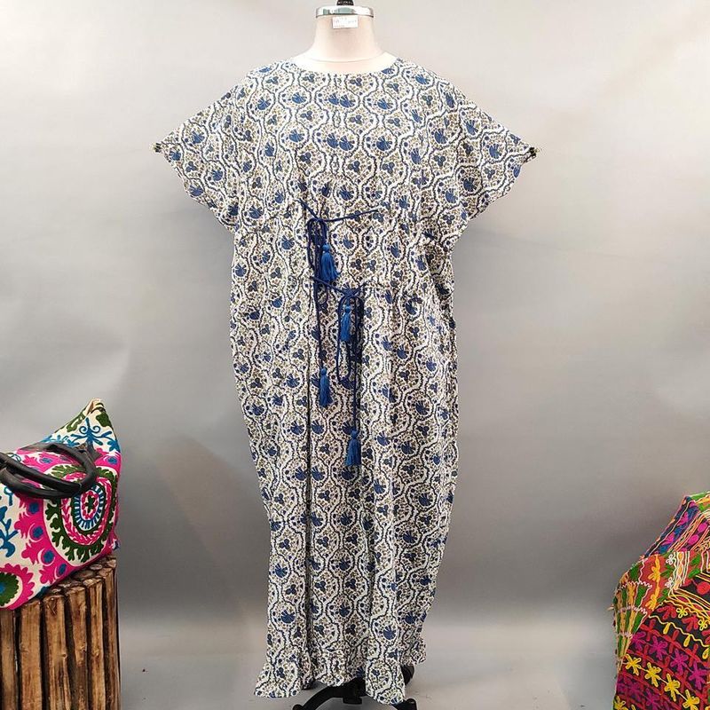Free Size Farasha Printed Kaftan Cotton Dress 57&quot; Long Jalabiya