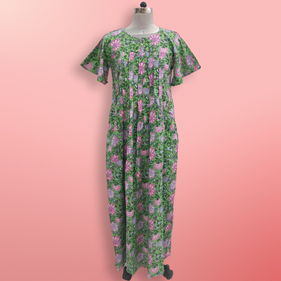 2XL/3XL Nahla Printed Cotton Dress 57&quot; Short Sleeves Jalabiya