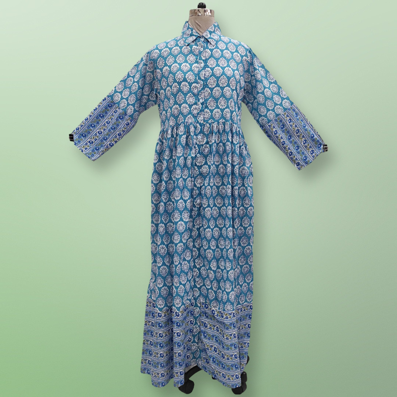 L/XL Blue &amp; White Ana Printed Cotton Dress 57&quot; Long Jalabiya