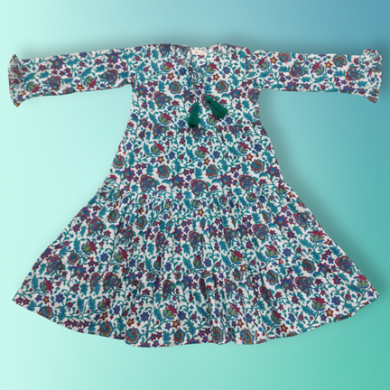 4-5 Year Razia Blue Printed Cotton Girls Dress 34&quot; Long Jalabiya