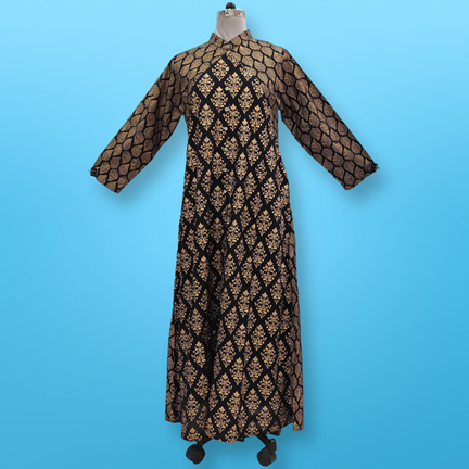 L/XL Honey Golden Printed Rayon Dress 57&quot; Long Jalabiya