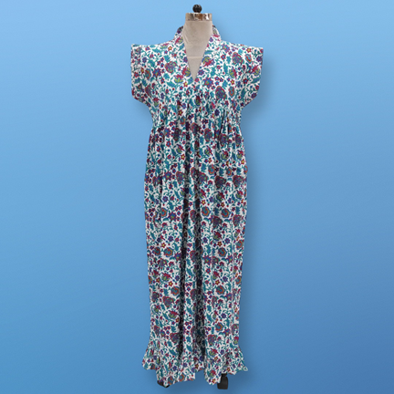 L/XL Blue Amani Printed Cotton Dress 57&quot; Short Sleeves Jalabiya