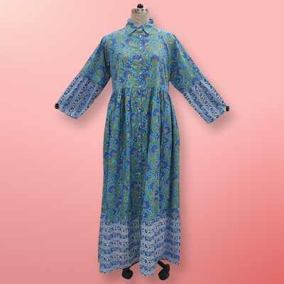 L/XL Blue Ana Printed Cotton Dress 57&quot; Long Jalabiya