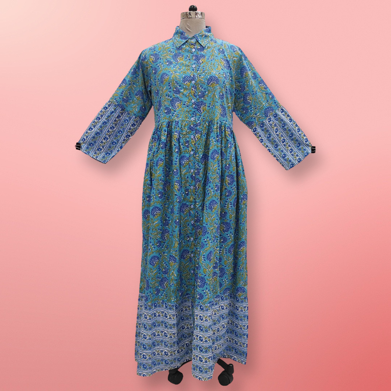 L/XL Blue Ana Printed Cotton Dress 57&quot; Long Jalabiya