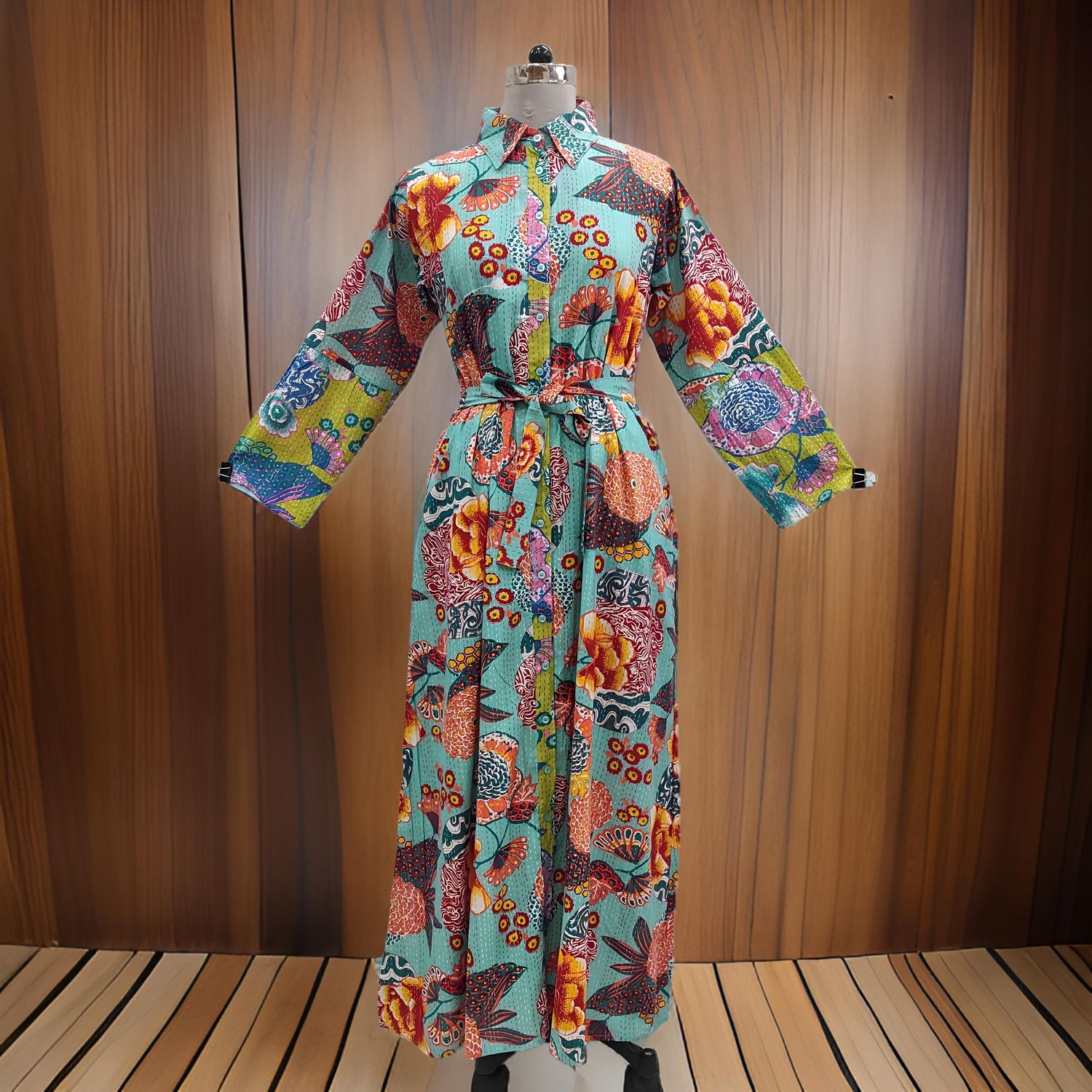L/XL Tansy Printed Cotton Jalabiya Dress 57&quot; Long