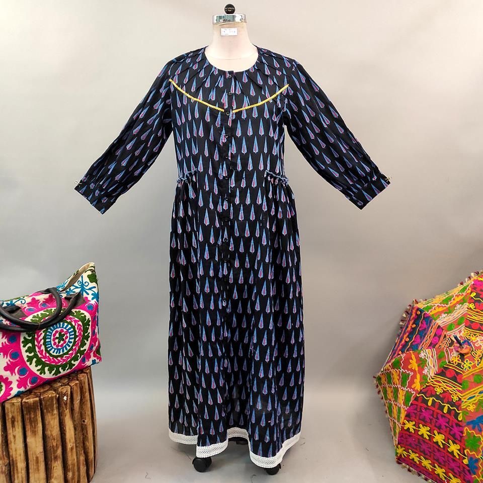 2XL/3XL Umama Black Printed Cotton Dress 56&quot; Long Jalabiya