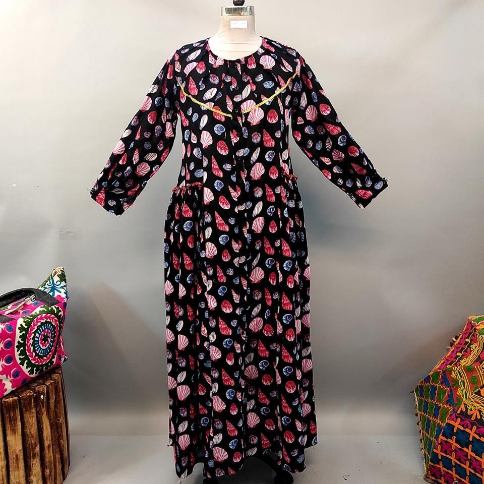 S/M Umama Black Printed Cotton Dress 56&quot; Long Jalabiya