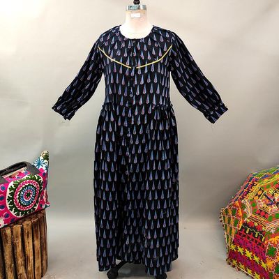 L/XL Umama Black Printed Cotton Dress 56&quot; Long Jalabiya