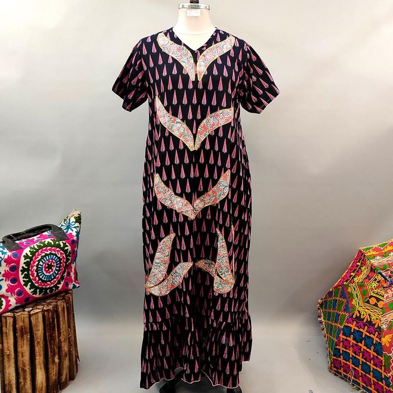 2XL/3XL Junaira Black Printed Cotton Dress 57&quot; Short Sleeves Jalabiya