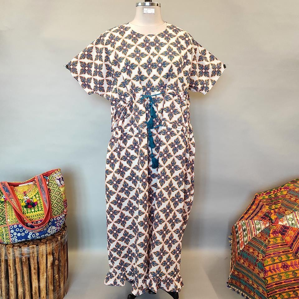 Free Size Farasha Printed Kaftan Cotton Dress 57&quot; Long Jalabiya