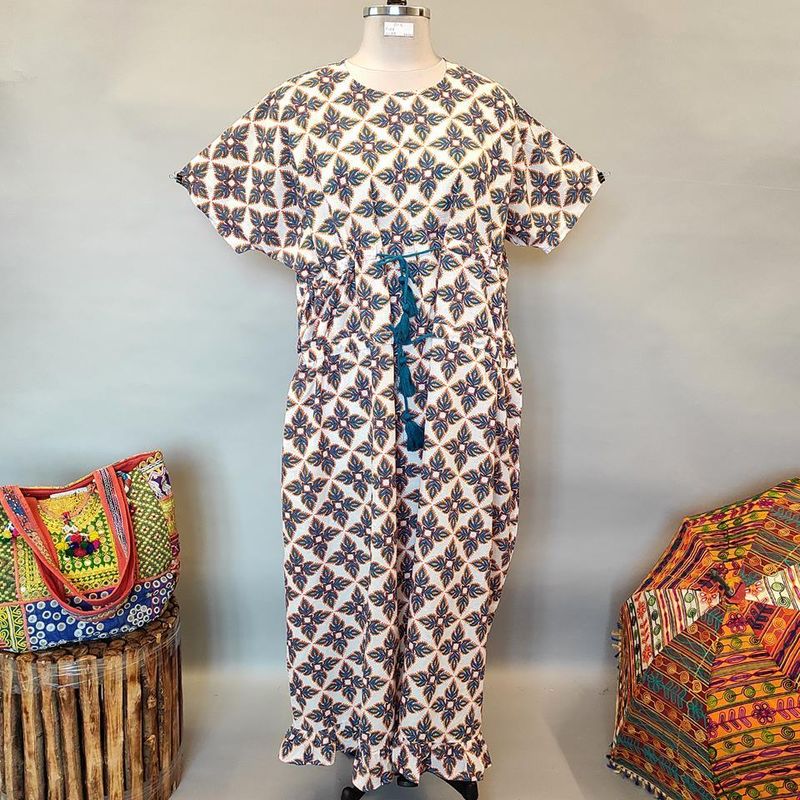 Free Size Farasha Printed Kaftan Cotton Dress 57&quot; Long Jalabiya