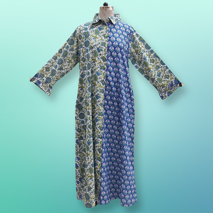 S/M Singapore Blue Printed Cotton Dress 57&quot; Long Jalabiya