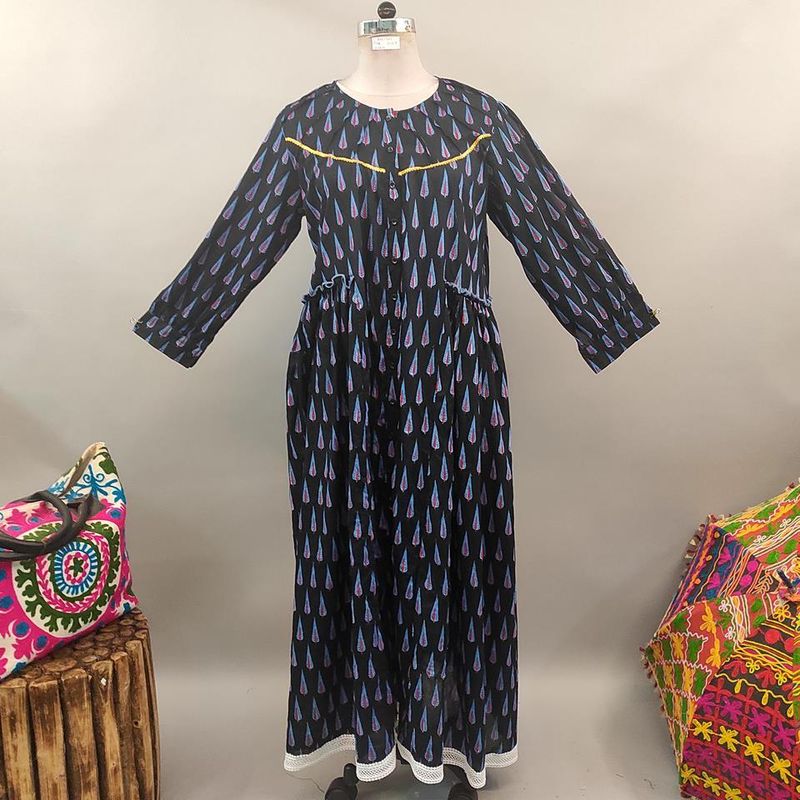 2XL/3XL Umama Black Printed Cotton Dress 57&quot; Long Jalabiya