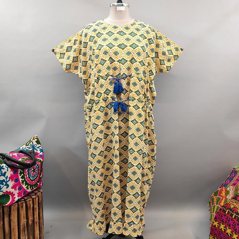 Free Size Farasha Printed Kaftan Cotton Dress 57&quot; Long Jalabiya