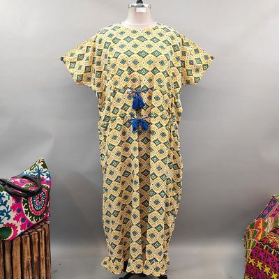 Free Size Farasha Printed Kaftan Cotton Dress 57&quot; Long Jalabiya
