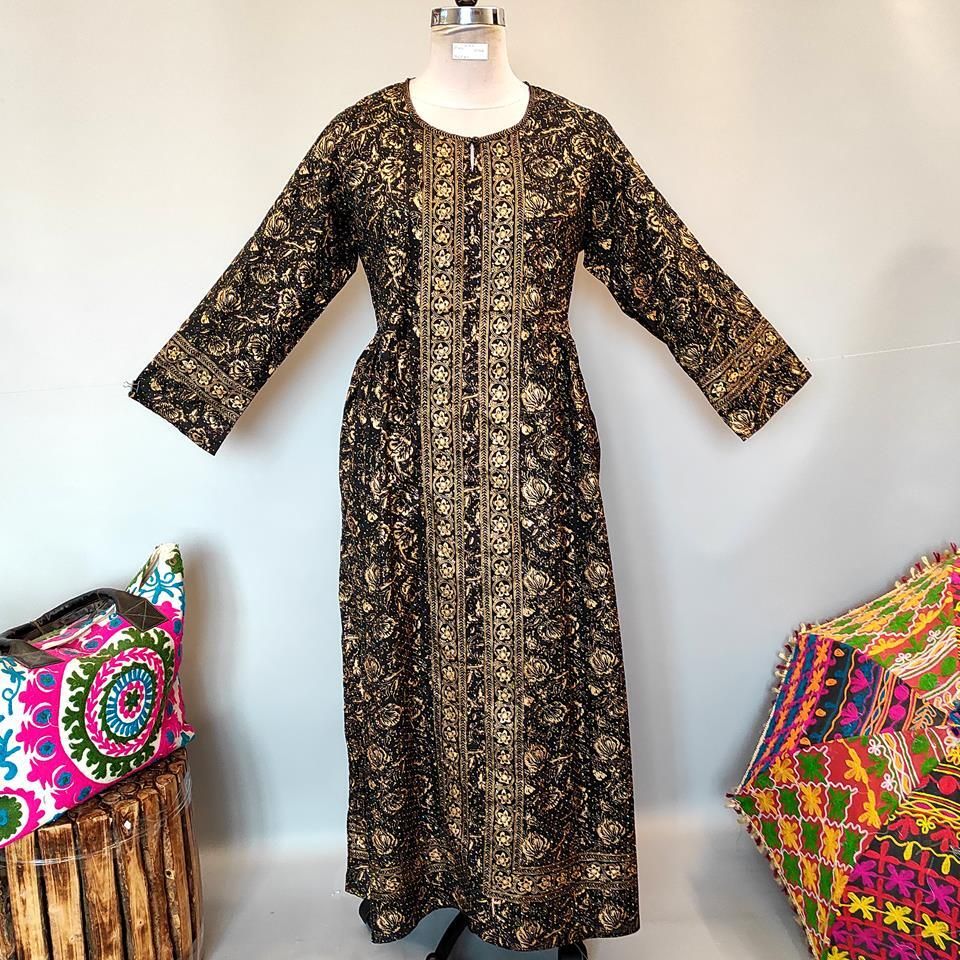 L/XL Bhopali Crystal Black Golden Printed Cotton Dress 56&quot; Long Jalabiya