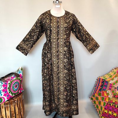L/XL Bhopali Crystal Black Golden Printed Cotton Dress 56&quot; Long Jalabiya