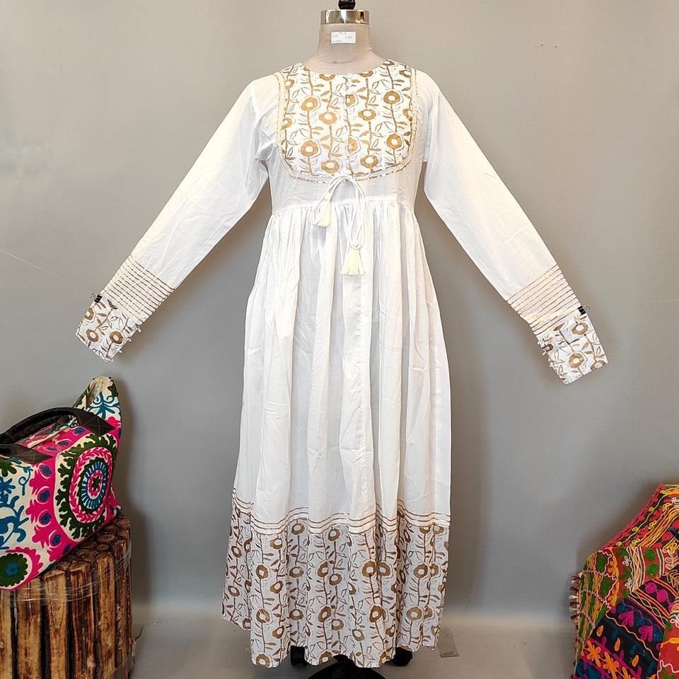 XS/S Bahisa White Golden Cotton Dress 54&quot; Long Jalabiya
