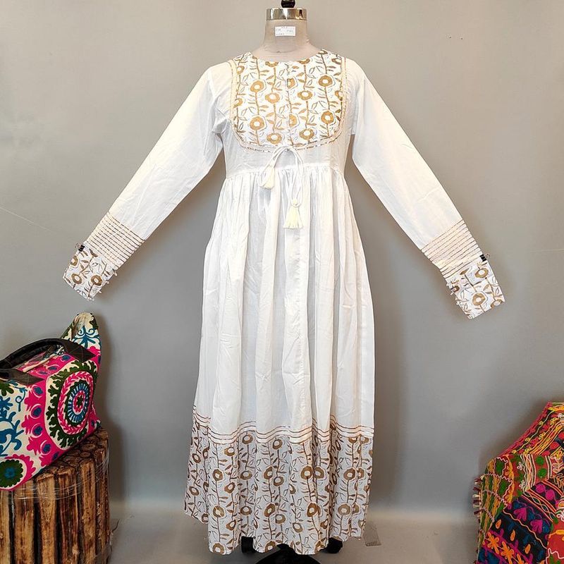 XS/S Bahisa White Golden Cotton Dress 54&quot; Long Jalabiya