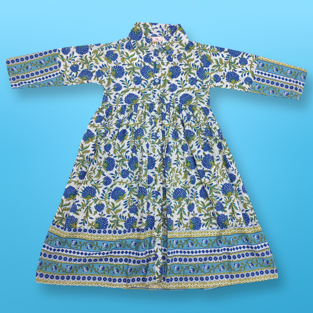 1-2 Year Blue Green &amp; White Ana Printed Cotton Dress 26&quot; Long Jalabiya