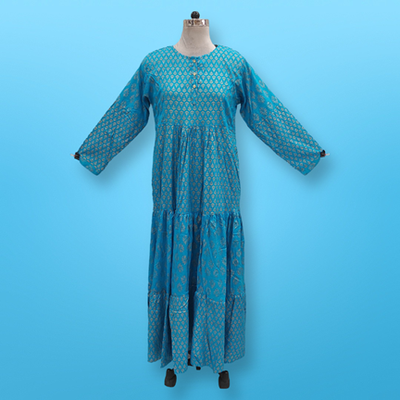 S/M Juhi Golden Printed Rayon Dress 57&quot; Long Jalabiya